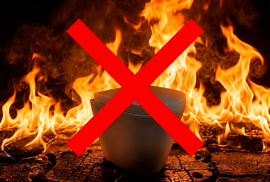 Polttava käymälä liekkien edessä ja punainen rasti kuvan päällä, viesti että yritys ei myy polttavia käymälöitä.