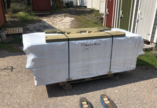 Lindroos outhouse packed on a pallet